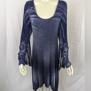 Tee Party NWT Blue Dress Asymmetrical Hem, Long Sleeve Fringe Lace Medium